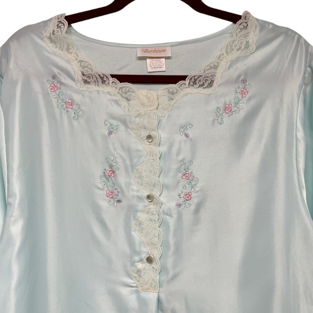 Vintage Barbizon Aqua Blue Embroidered Long Sleeve Modest Full Length Nightgown - Picture 4 of 7